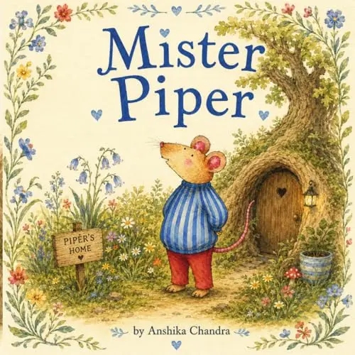 Cover of the children's book Mister Piper, showing an illustrated mouse in a striped jumper outside his tree-hollow home