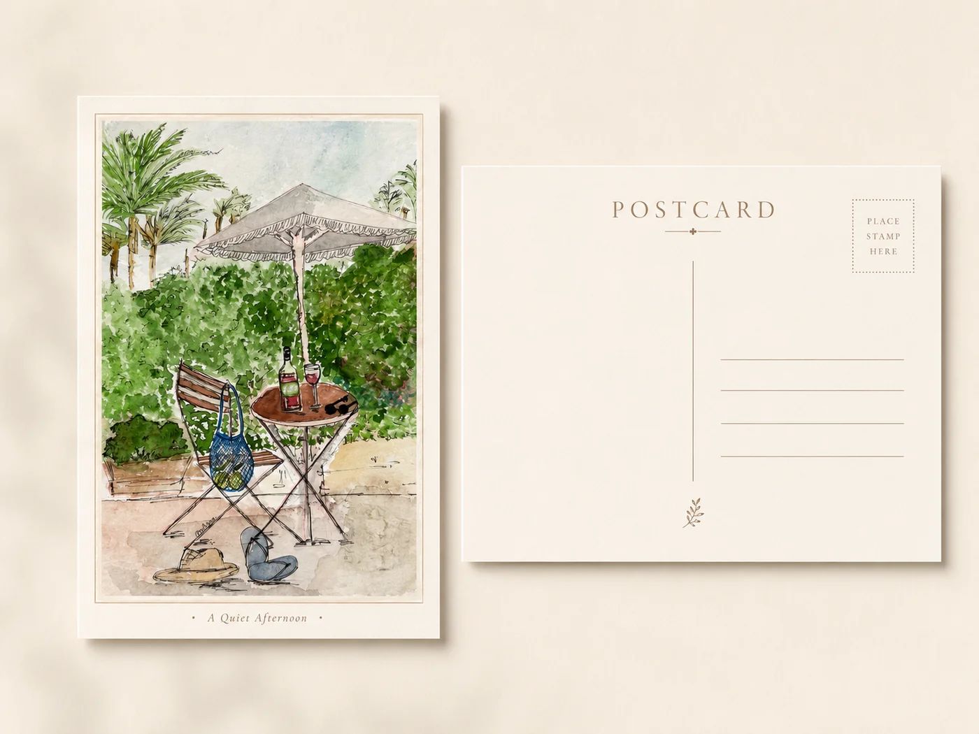 Watercolor illustration of an outdoor café table and chair under an umbrella