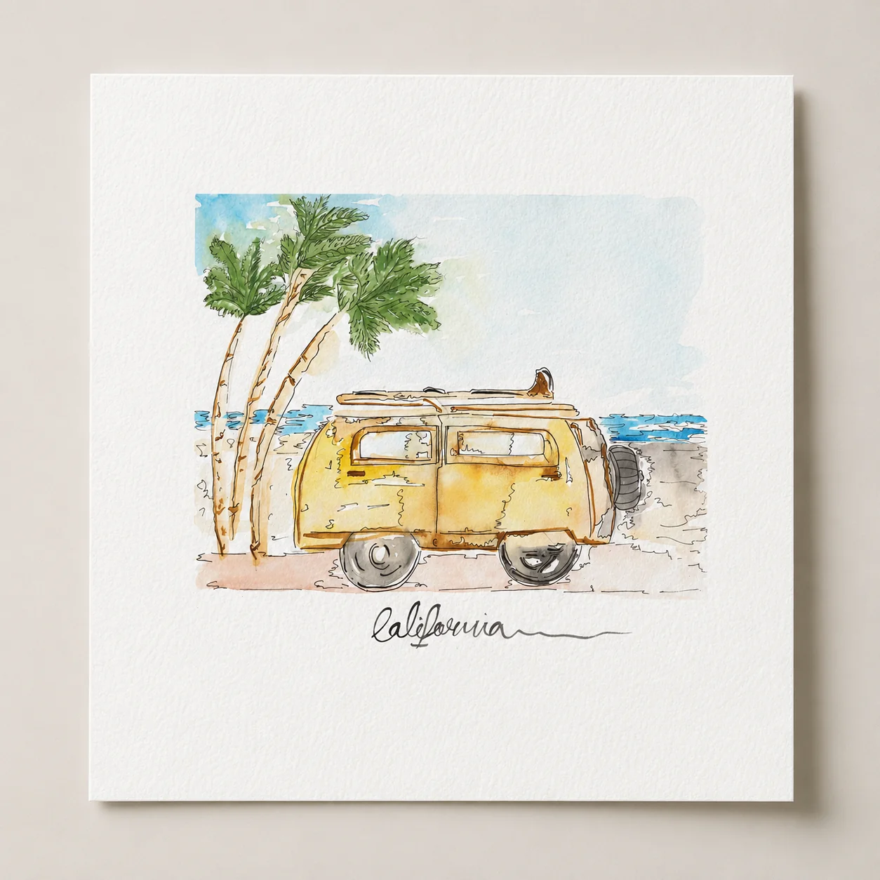 Watercolor poster of a vintage yellow VW van beside palm trees, labeled California