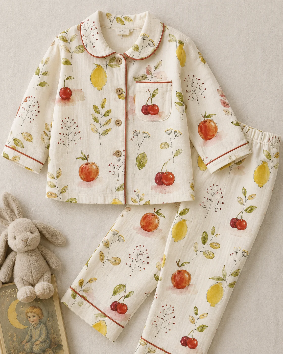 Cream cotton sleepwear set printed with a repeating apple, lemon and cherry motif